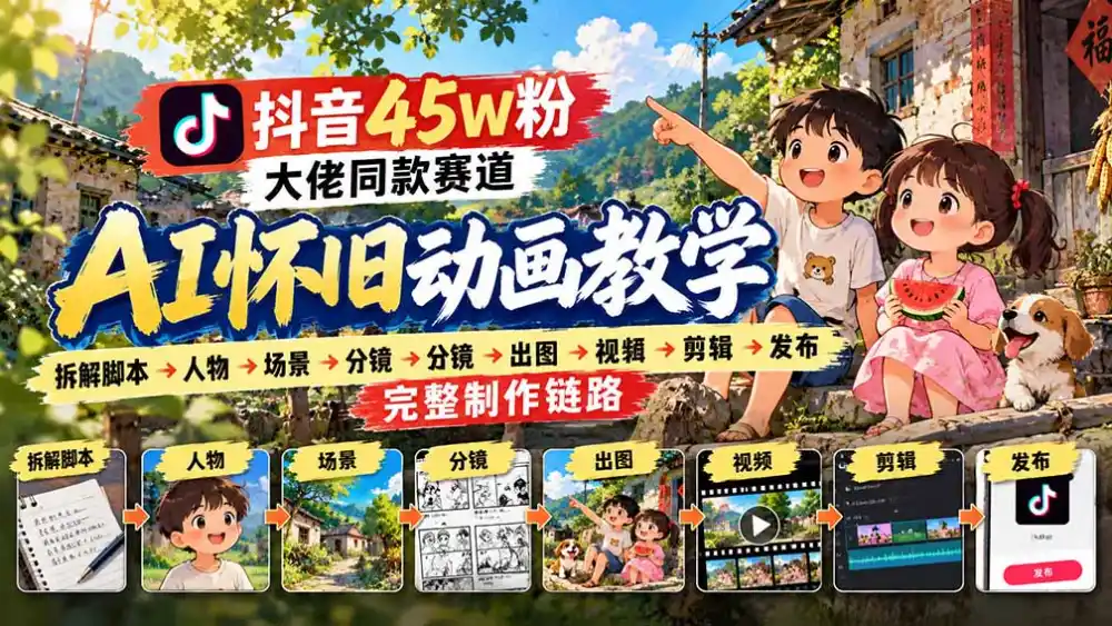 抖音45W粉大佬同款赛道AI怀旧动画教学：拆解脚本→人物→场景→分镜→出图→视频→剪辑→发布完整制作链路-亮剑学堂