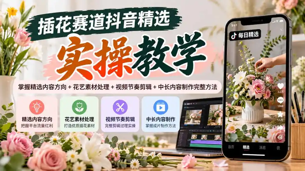 插花赛道抖音精选实操教学：掌握精选内容方向+花艺素材处理+视频节奏剪辑+中长内容制作完整方法-亮剑学堂