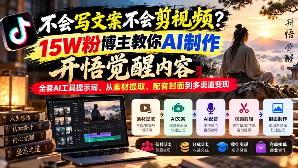 不会写文案不会剪视频?15W粉博主教你AI制作开悟觉醒内容,全套AI工具提示词、从素材提取、配音封面到多渠道变现-亮剑学堂